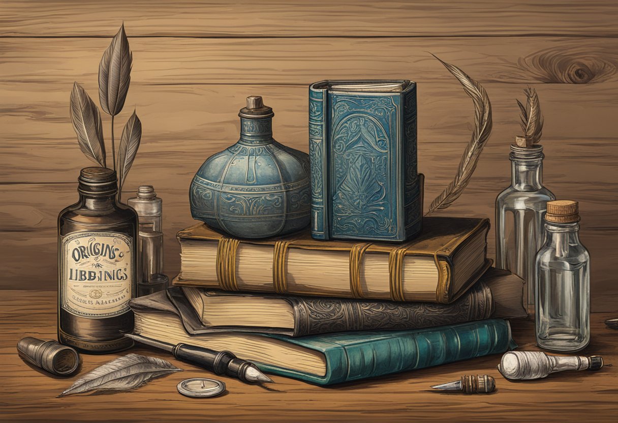 A vintage book with the title "Origins of Libby" sits on a weathered wooden desk, surrounded by antique quill pens and ink bottles