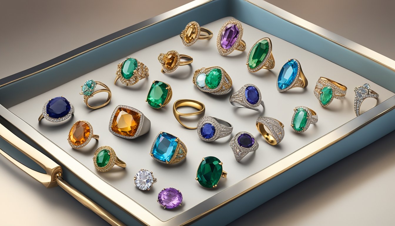 Various ring brands displayed on a velvet-lined tray under soft lighting. Glinting gemstones and polished metal catch the eye