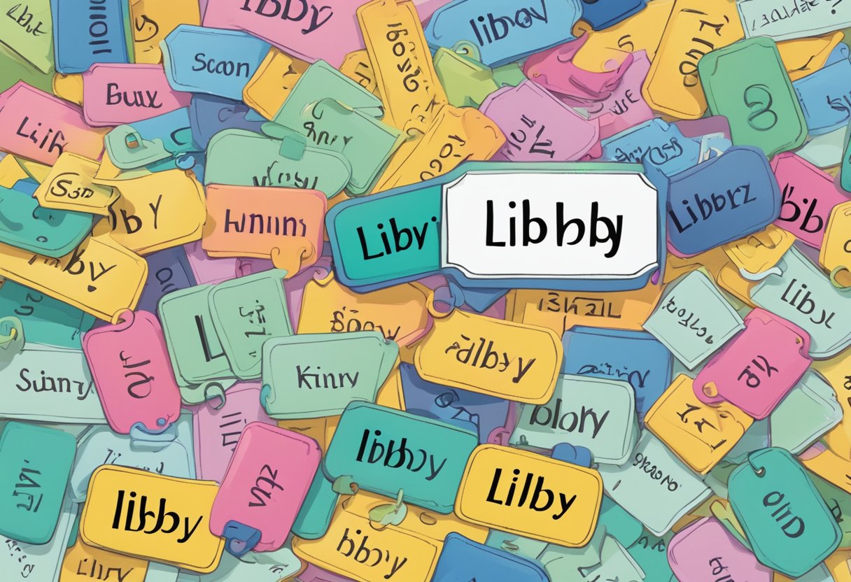 A name tag with "Libby" written on it, surrounded by question marks and various options such as Elizabeth, Olivia, or Isabella