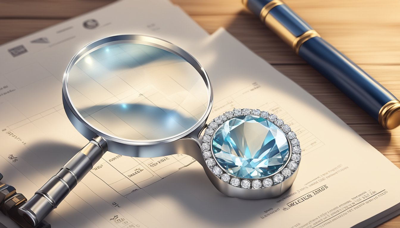 A magnifying glass examines a sparkling diamond ring, with a scale and grading report nearby. Brand logos are visible in the background