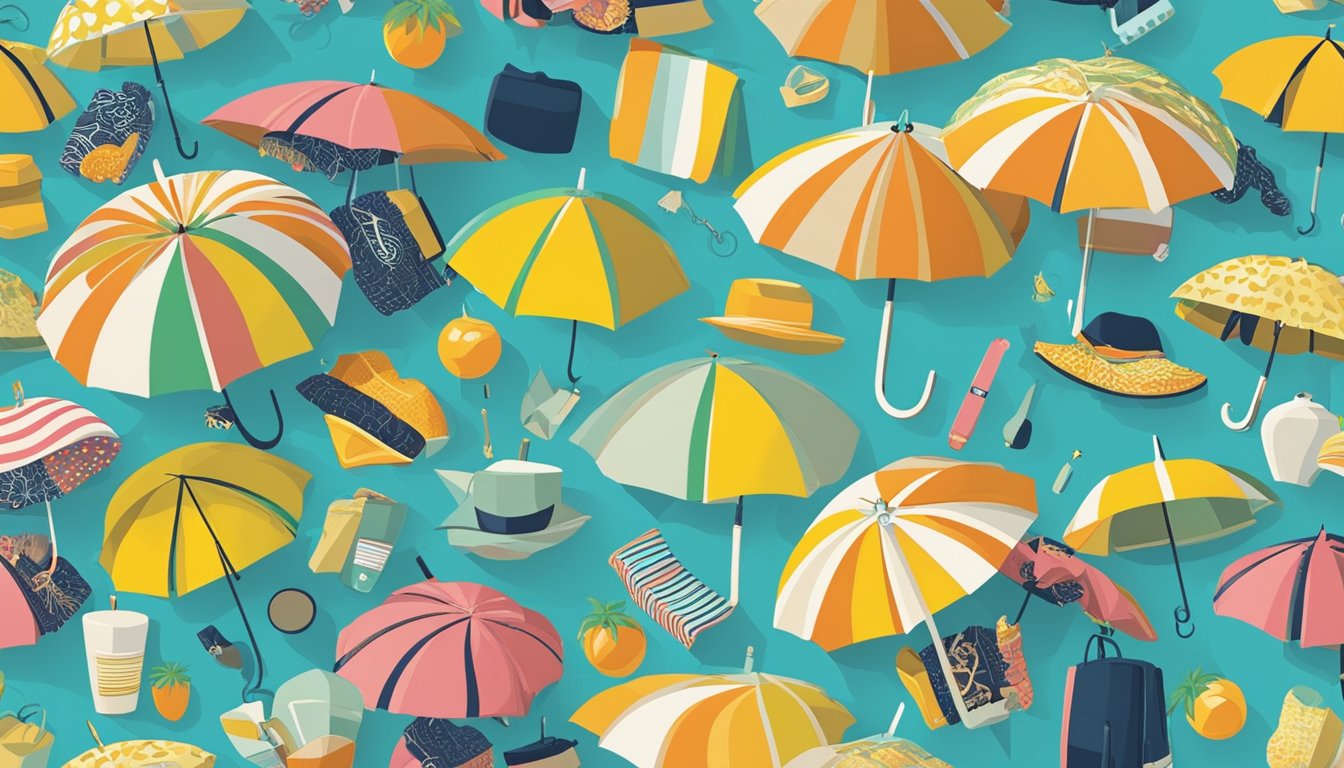 A group of various products under a large umbrella with the words "Umbrella Brand" displayed prominently. Bright colors and eye-catching designs draw attention