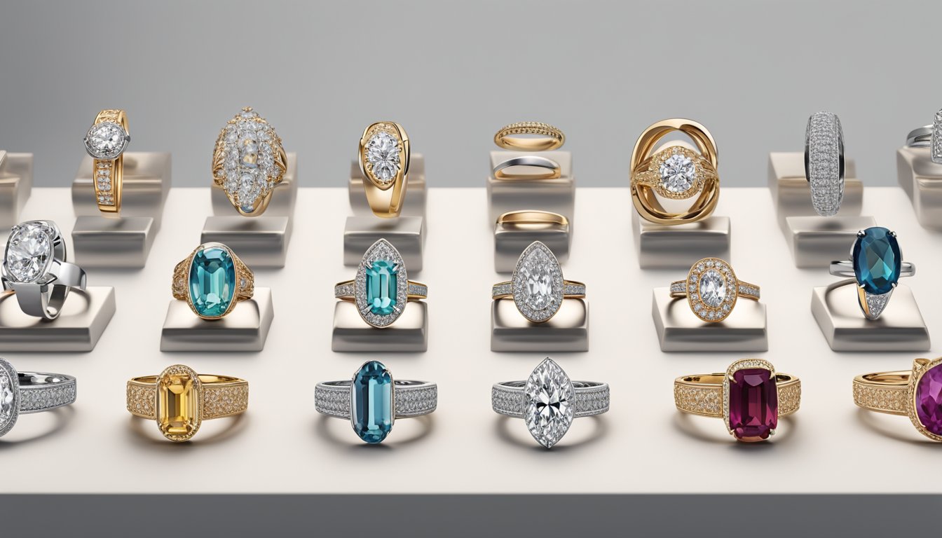 A display of iconic ring brands and designer rings, arranged on a sleek, minimalist display stand, with each ring showcasing unique and intricate designs