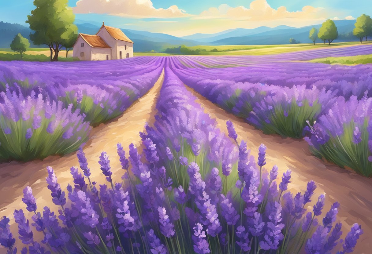 A field of blooming lavender under a clear blue sky