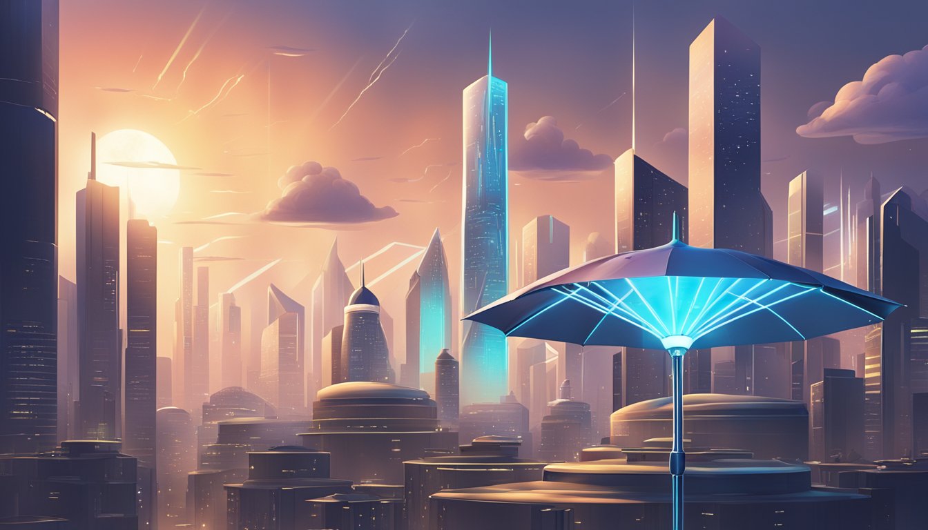A futuristic city skyline with a sleek, high-tech umbrella hovering above the buildings, emitting a soft glow and displaying the brand's logo