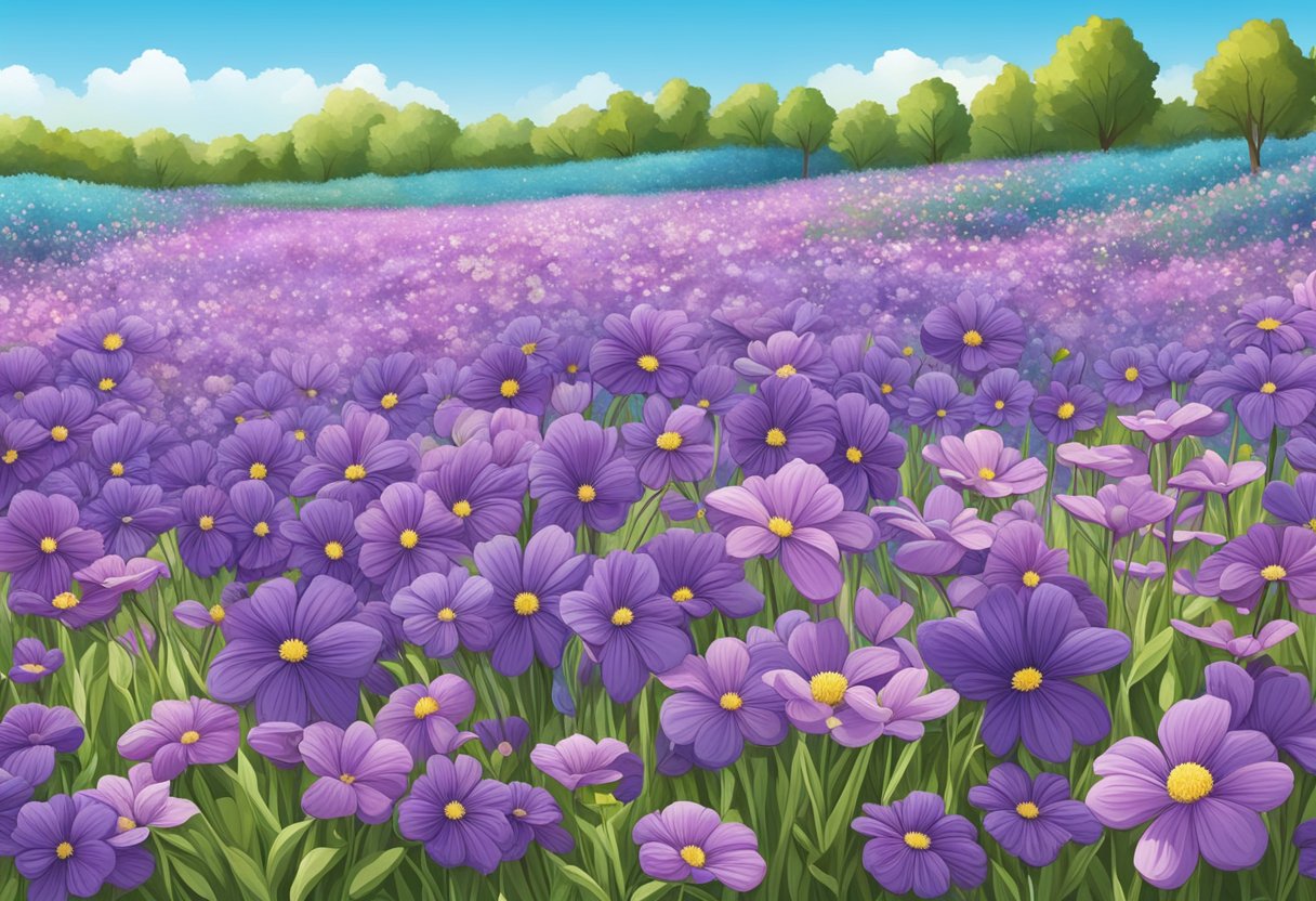A field of vibrant purple flowers blooming under a clear blue sky, symbolizing the significance of the color purple in baby names