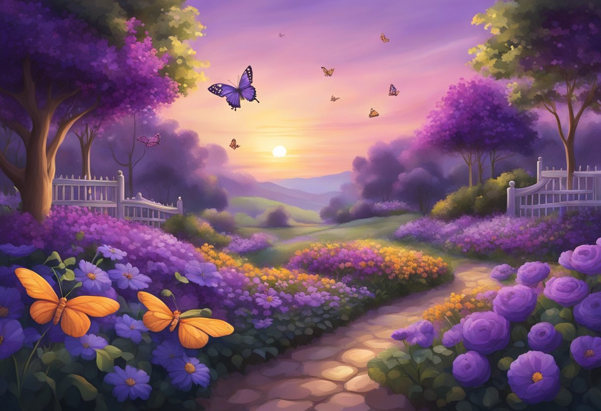 A garden filled with vibrant purple flowers and butterflies fluttering around, with a soft purple sunset casting a warm glow over the scene