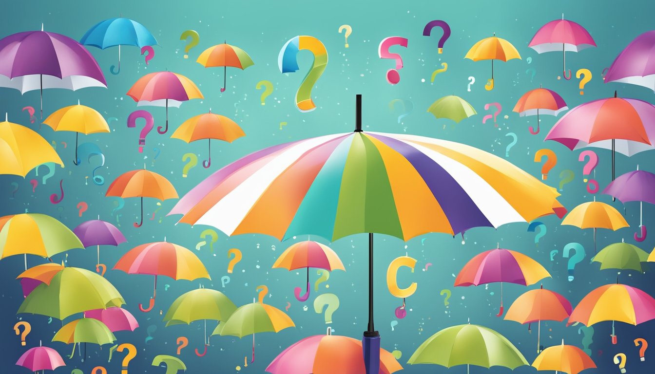 A colorful umbrella with "Frequently Asked Questions" logo, surrounded by curious symbols and question marks