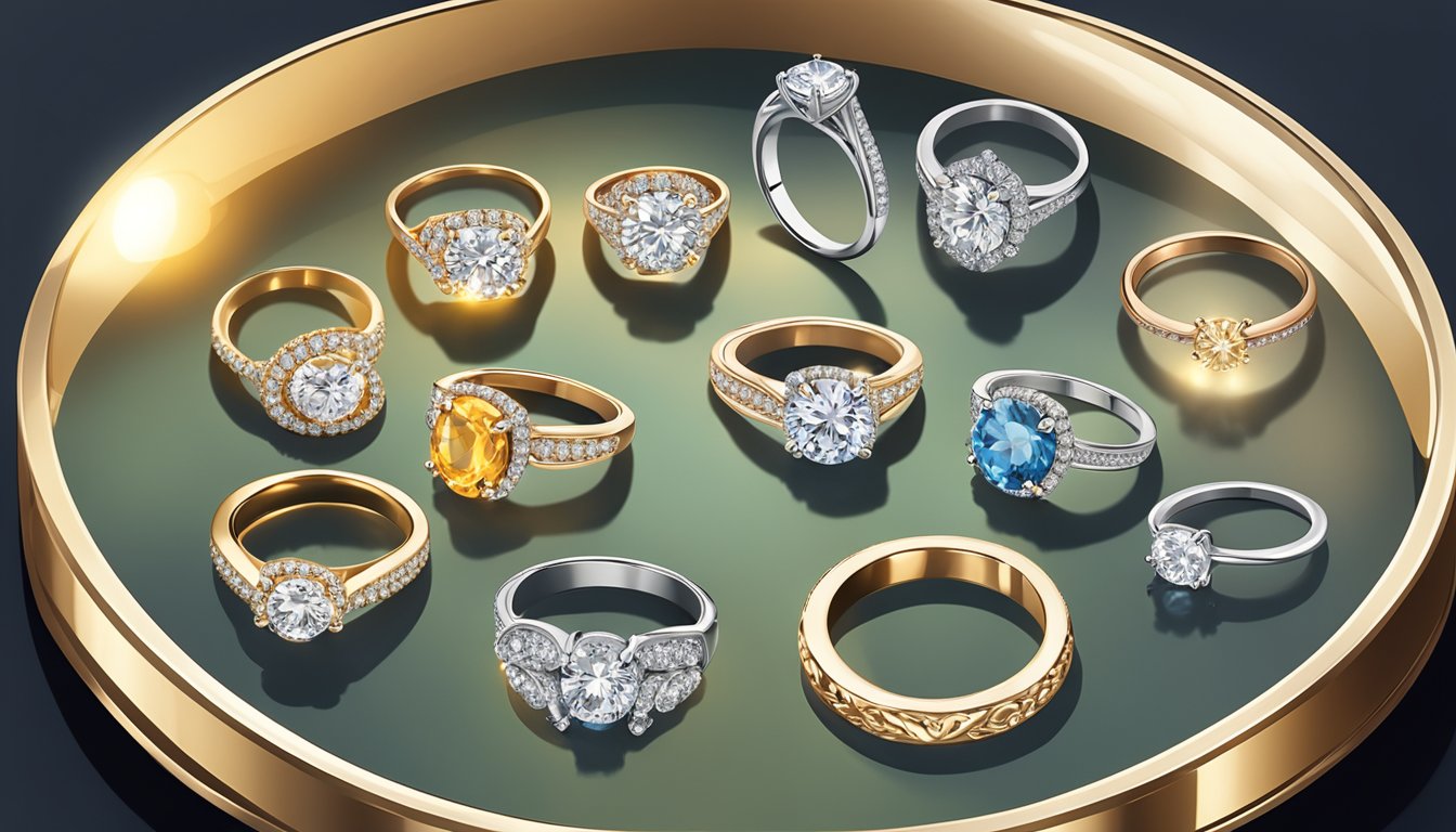 A display of various engagement ring brands showcased on a velvet-lined tray, sparkling under the warm glow of a spotlight