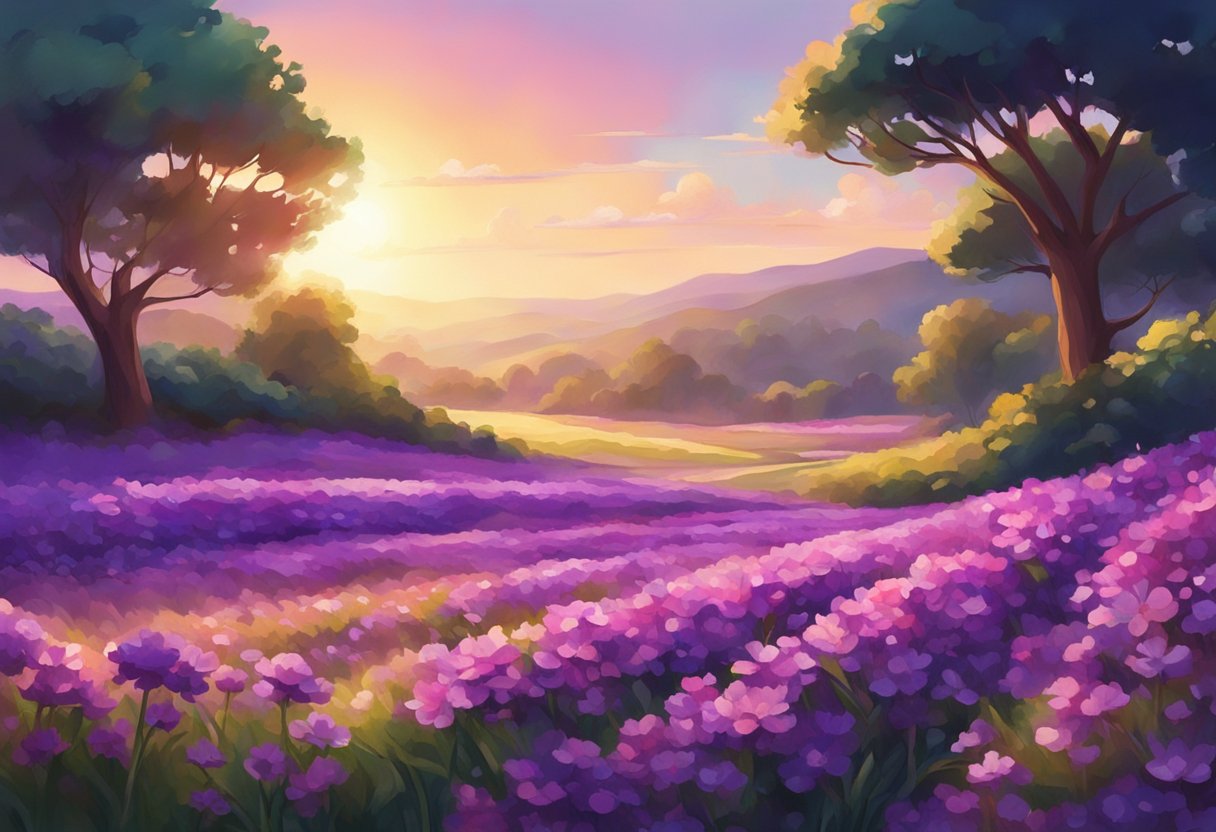 A field of vibrant purple flowers sways in the gentle breeze, surrounded by lush greenery. The sun casts a warm glow, illuminating the purple hues