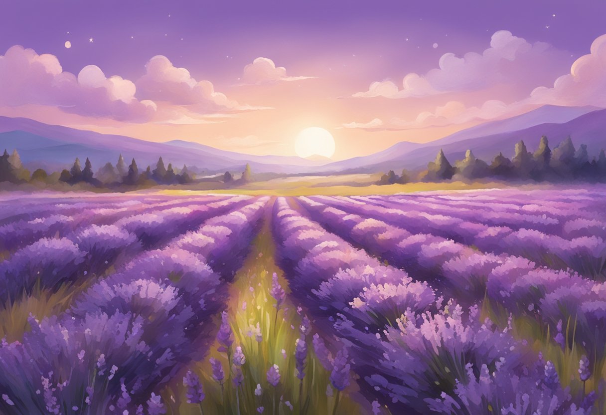 A field of lavender flowers under a purple sky, with a baby's name written in bold, gender-neutral letters
