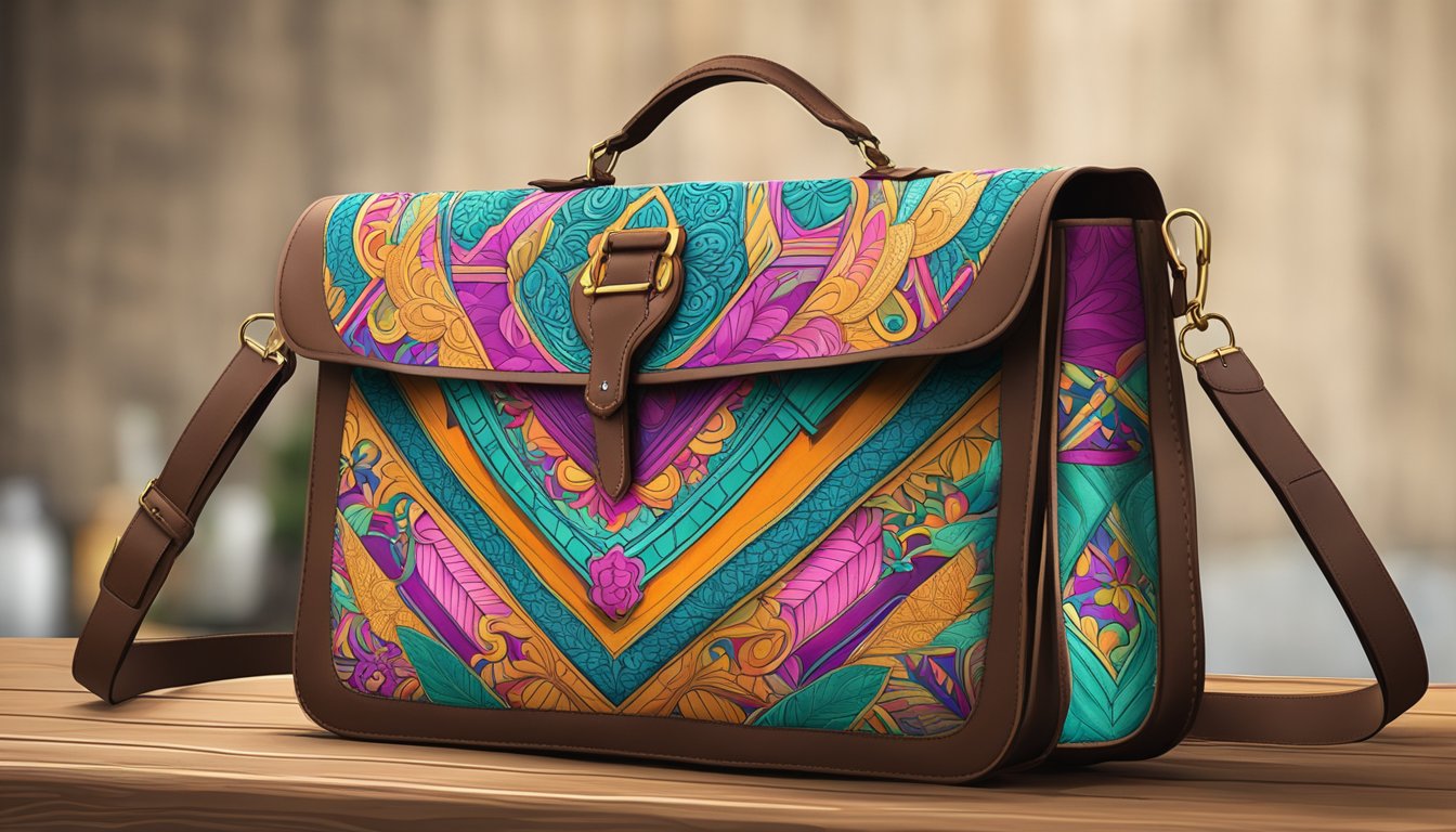 A vibrant Thai brand bag sits on a rustic wooden table, adorned with intricate patterns and vibrant colors