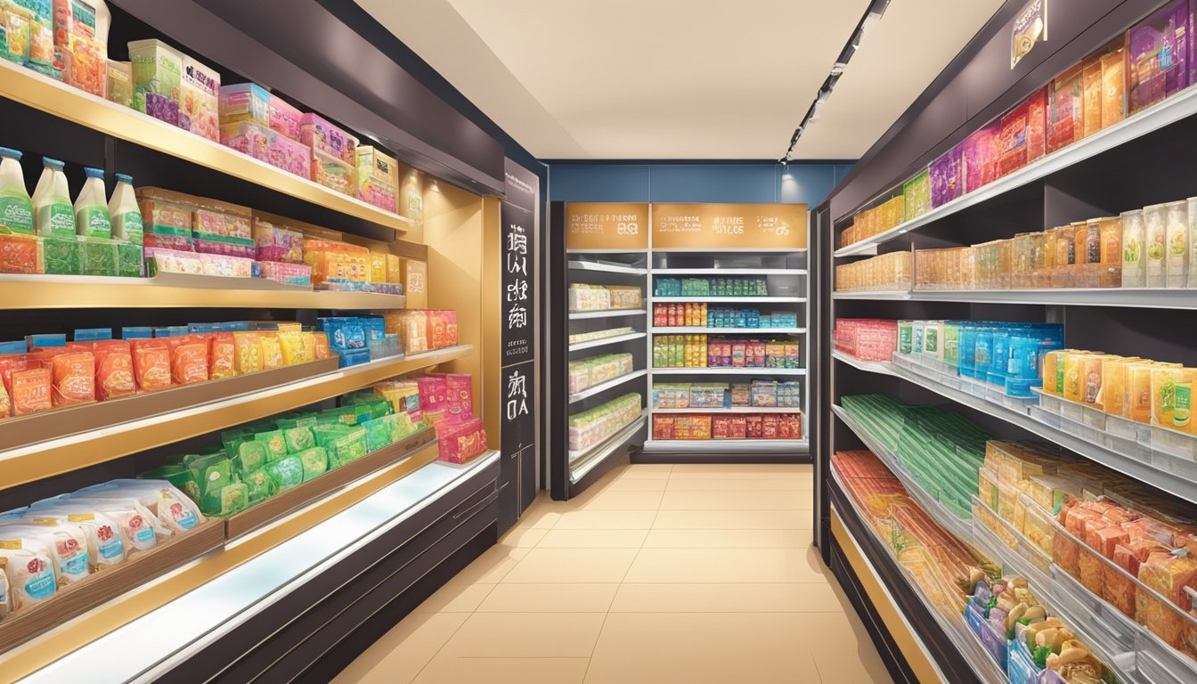 Takashimaya brands displayed on shelves with colorful packaging and elegant signage
