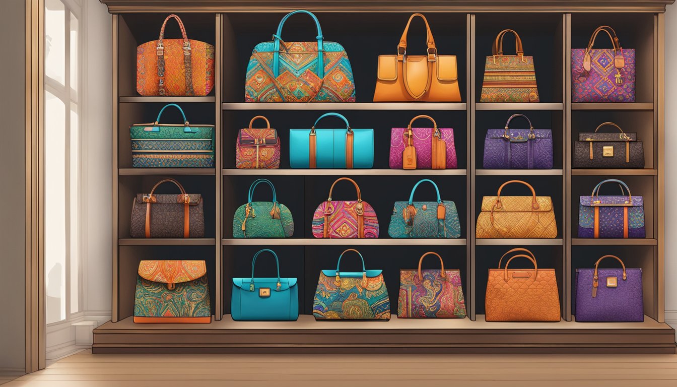 A display of vibrant Thai brand bags on a shelf, with intricate patterns and bold colors, catching the eye of passersby