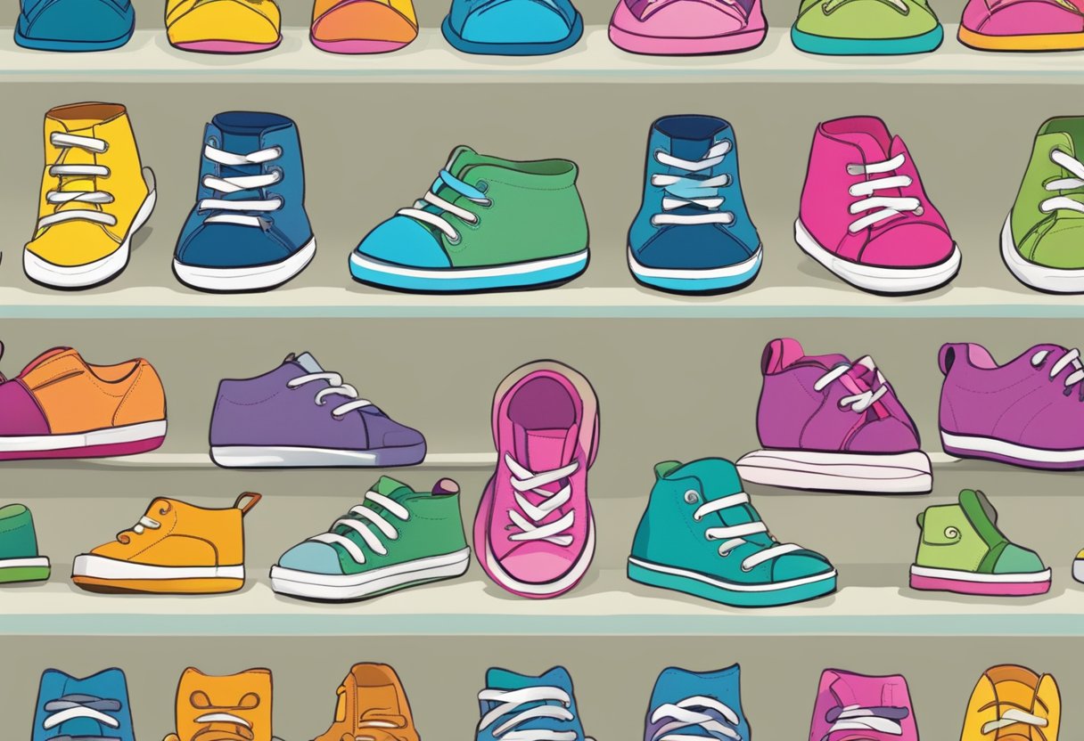 A row of colorful children's shoes arranged by size, with labels indicating the average shoe size for a 3-year-old