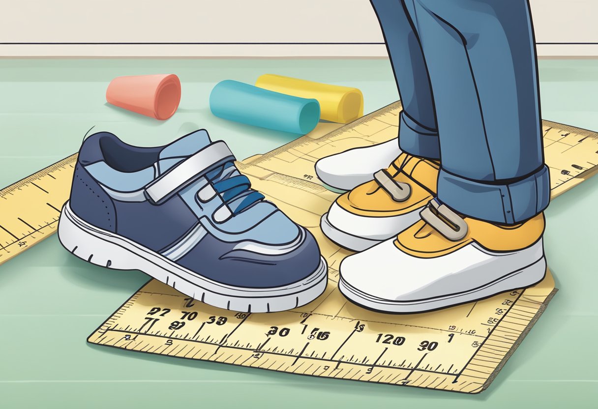 A ruler measuring a child's foot next to a shoe size chart for 3-year-olds