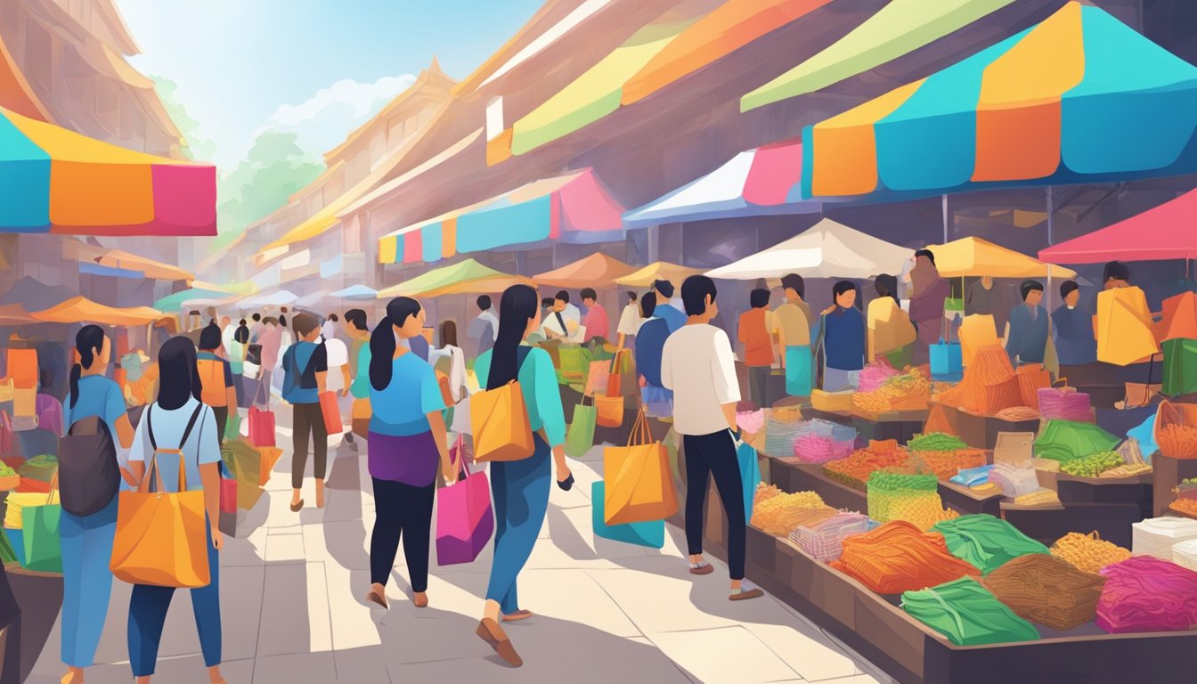 A bustling marketplace with colorful stalls selling Thai brand bags. Shoppers browse the vibrant selection, while vendors eagerly showcase their products