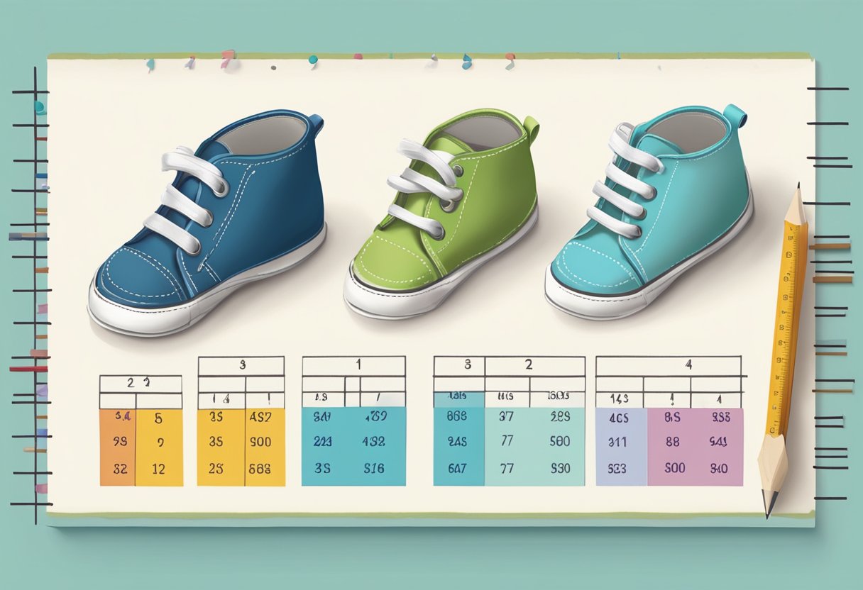 A pair of tiny shoes sits on a measuring chart, with numbers ranging from toddler sizes to indicate the average shoe size for a 3-year-old