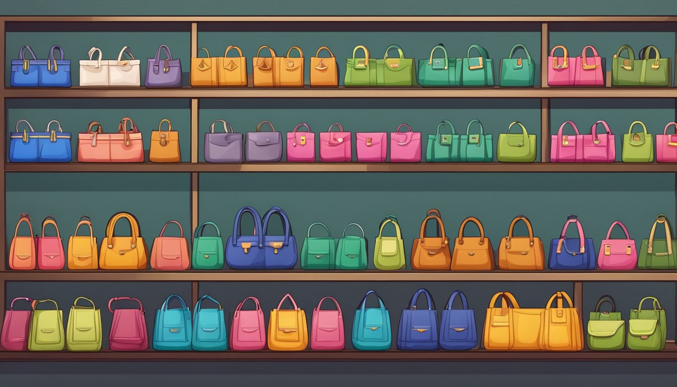 A display of colorful Thai bag brands lined up on shelves in a trendy store