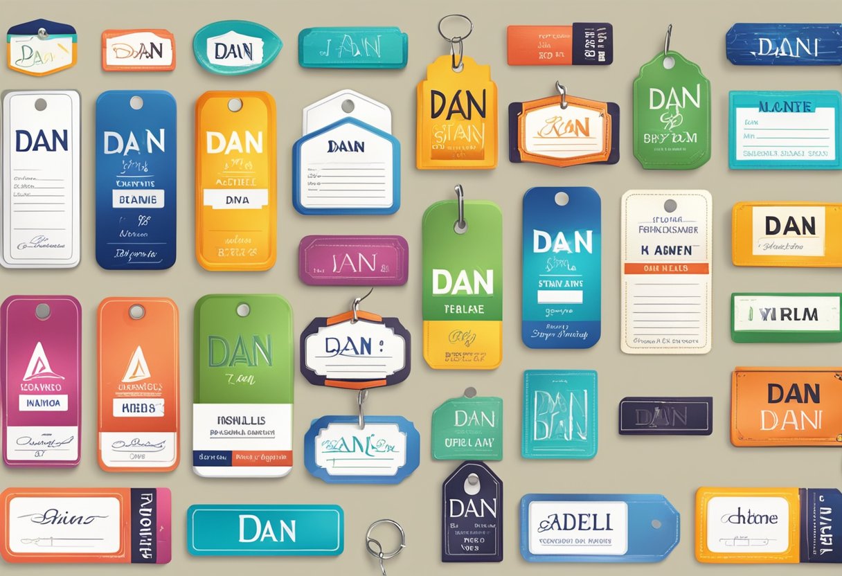 A collection of name tags with "Dan" written in different fonts and styles