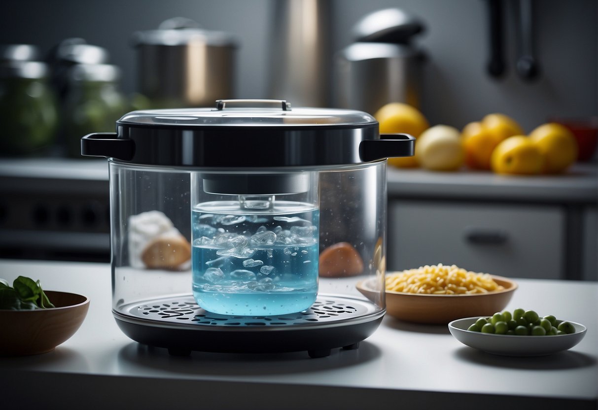 A pot of water set to a precise temperature, with vacuum-sealed bags of marinated Chinese ingredients floating inside. A sous vide machine hums softly in the background