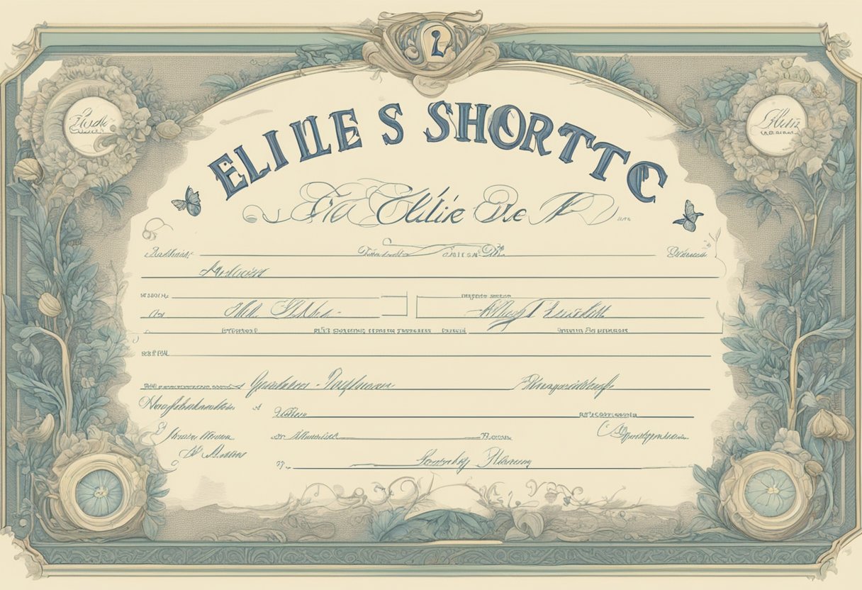 A birth certificate with the name "Ellie" and the question "What is Ellie short for?" handwritten in elegant script