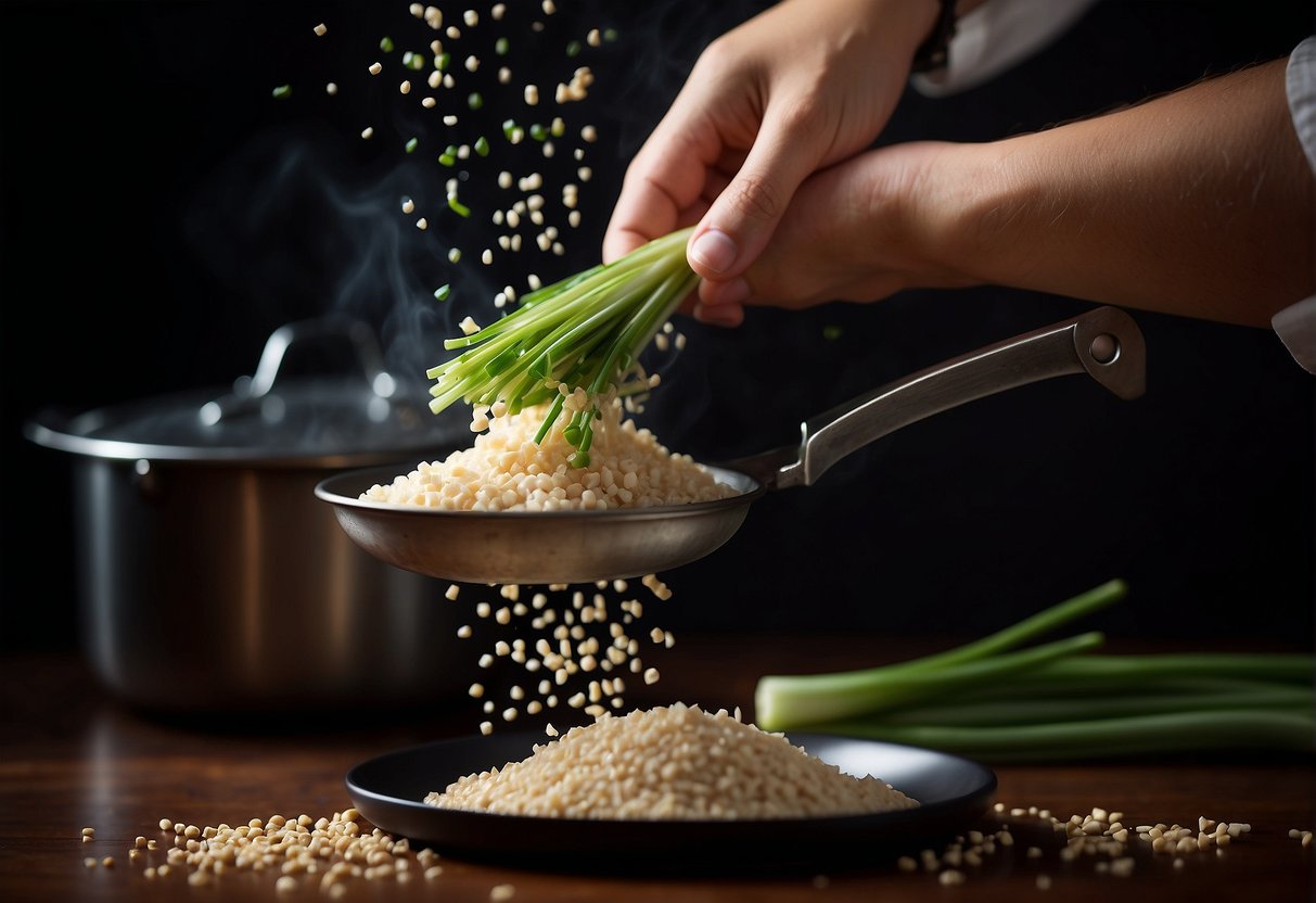 A chef sprinkles sesame seeds and green onions on a perfectly cooked sous vide Chinese dish