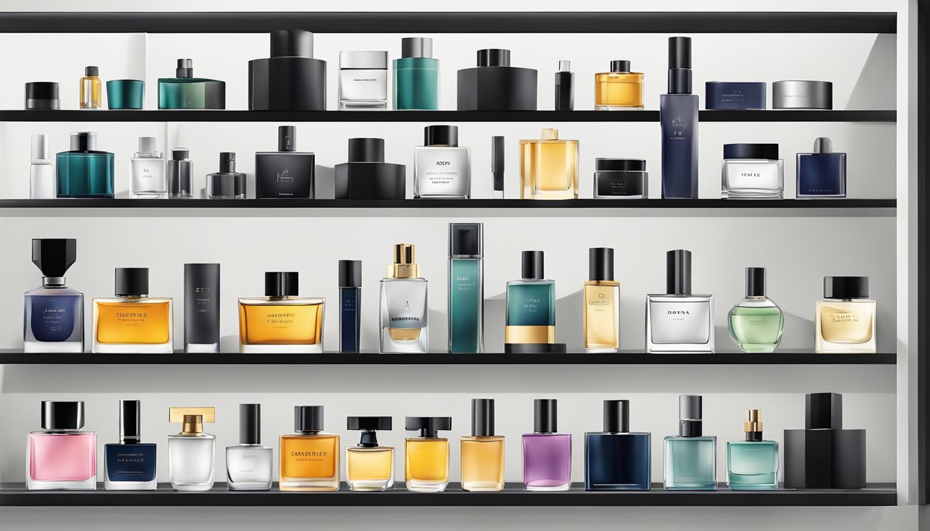 A display of top 10 perfume brands for men arranged on a sleek, modern shelf with bold, masculine packaging and elegant bottle designs