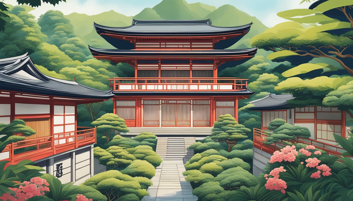 Shiseido's history displayed through vintage packaging and modern products, surrounded by lush greenery and traditional Japanese architecture