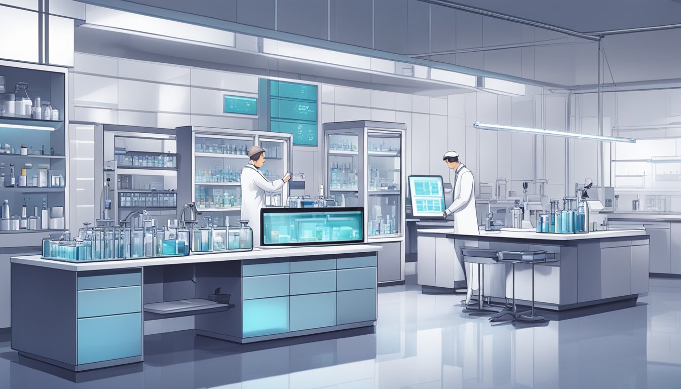 A laboratory with modern equipment and Shiseido branding. Scientists work on innovative products with advanced technology