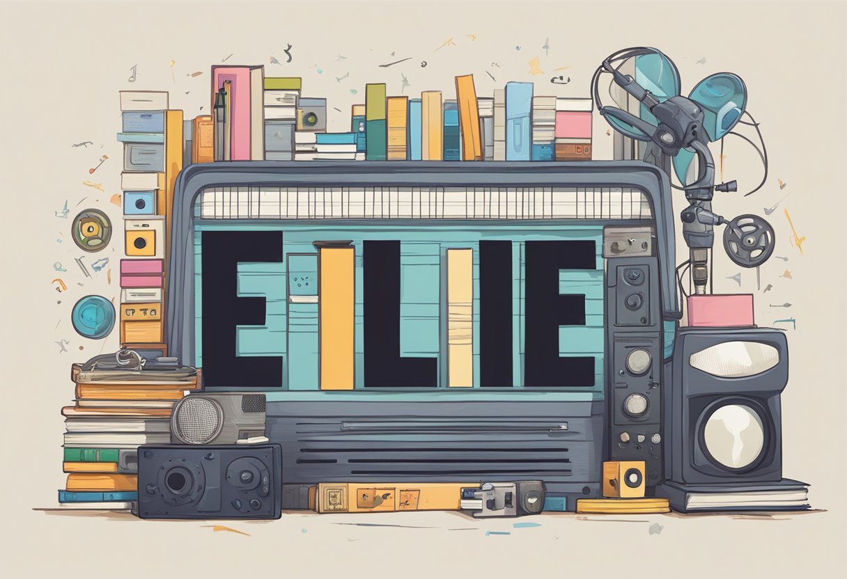 Ellie's name written in bold letters on a book spine, surrounded by various media symbols like a film reel, a microphone, and a computer screen