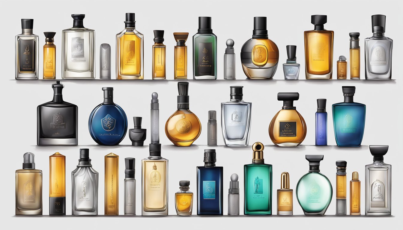 A table with 10 iconic male perfume bottles arranged in a row, each displaying its unique design and branding