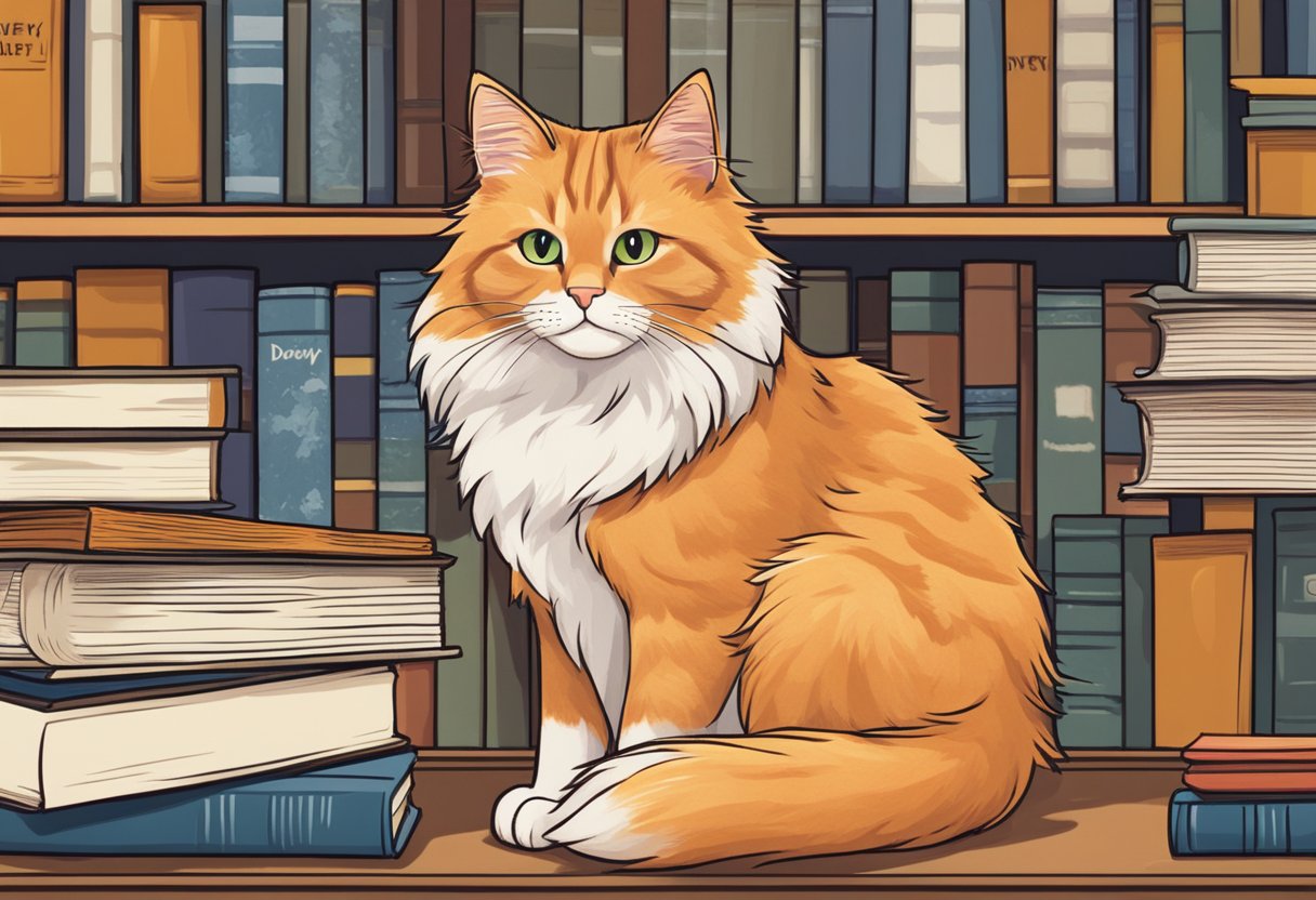 Dewey, a fluffy orange cat, sits on a bookshelf surrounded by piles of books. A name tag reads "Dewey" and a dictionary lies open nearby