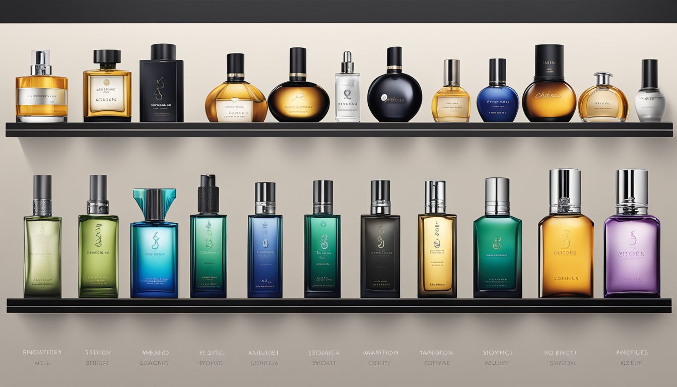 A display of top 10 male perfume brands with their signature scents lined up on a sleek, modern shelf. Each bottle is elegantly designed and labeled with the brand's logo
