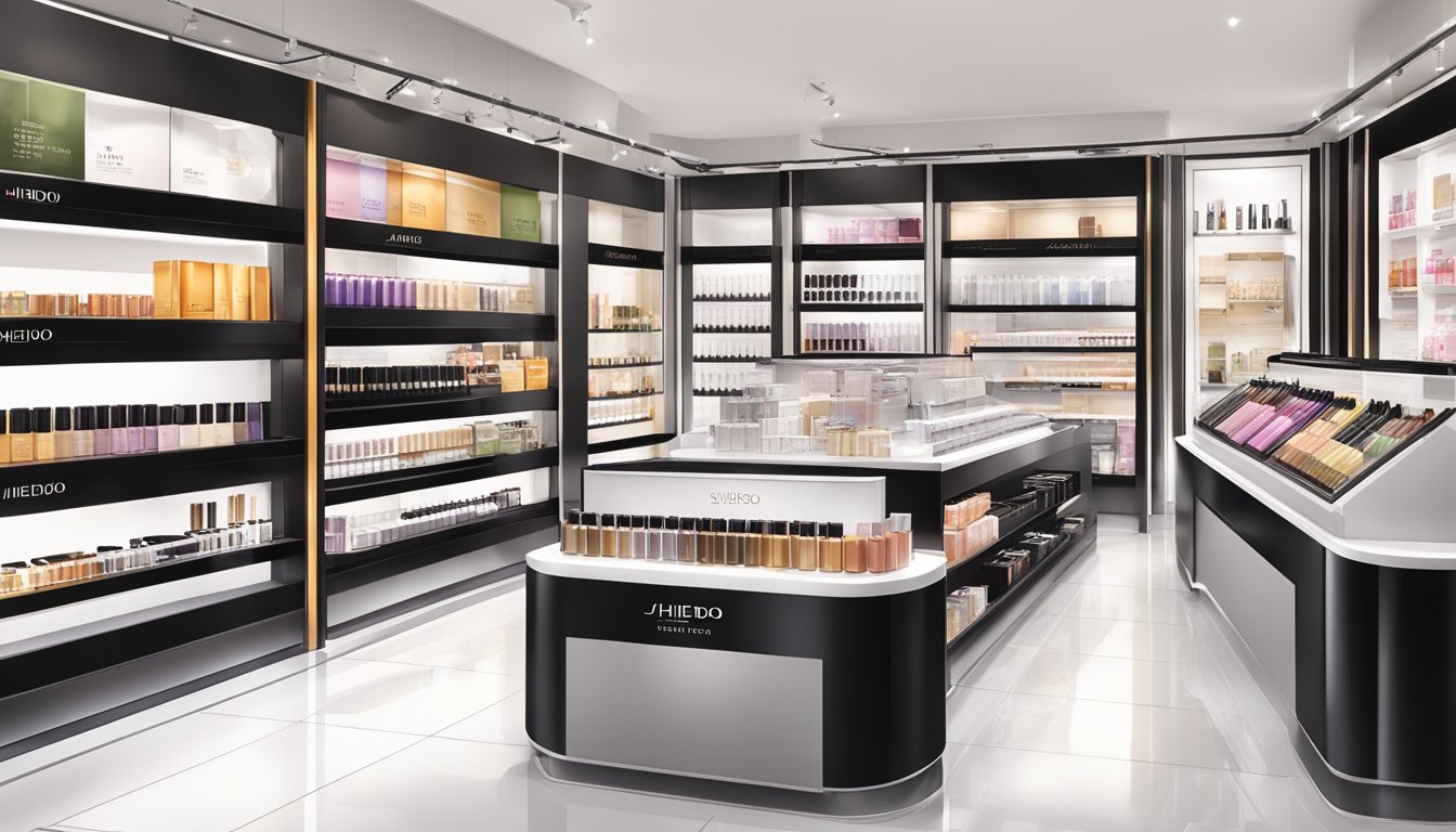 The Shiseido brand products are displayed in an organized and attractive manner, with clear signage and branding, creating a visually appealing and inviting retail environment