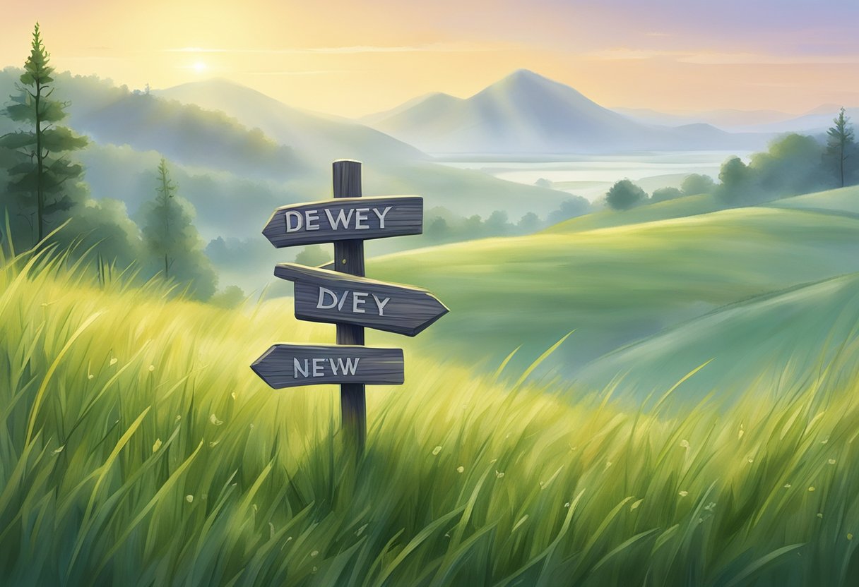 A misty morning on a grassy hill, with dew drops glistening on the blades of grass. A signpost bearing the name "Dewey" stands tall against the backdrop of a serene, natural landscape