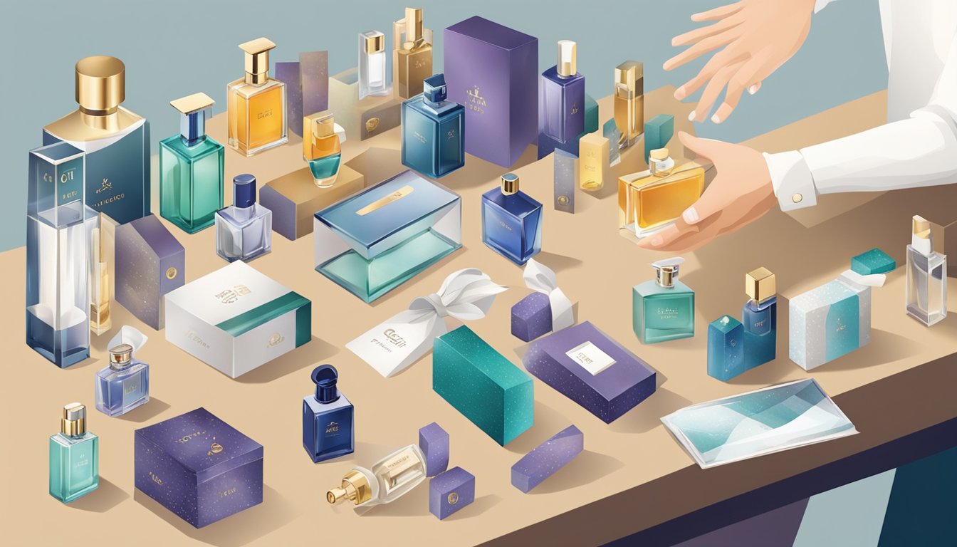 A table displays top 10 male perfume brands. A man's hand reaches for a bottle, surrounded by various scents and elegant packaging