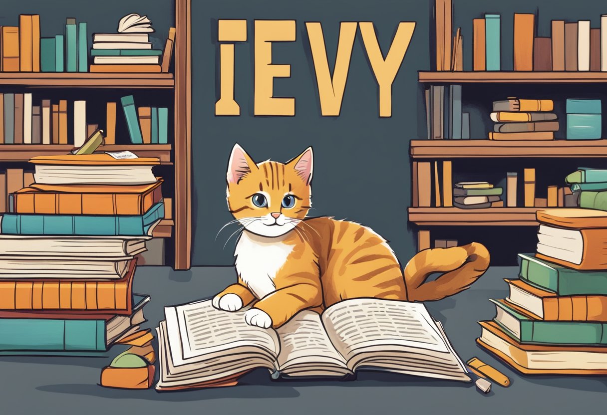 A playful kitten named Dewey gazes up at a sign reading "Dewey" in bold letters, surrounded by books and a cozy reading nook