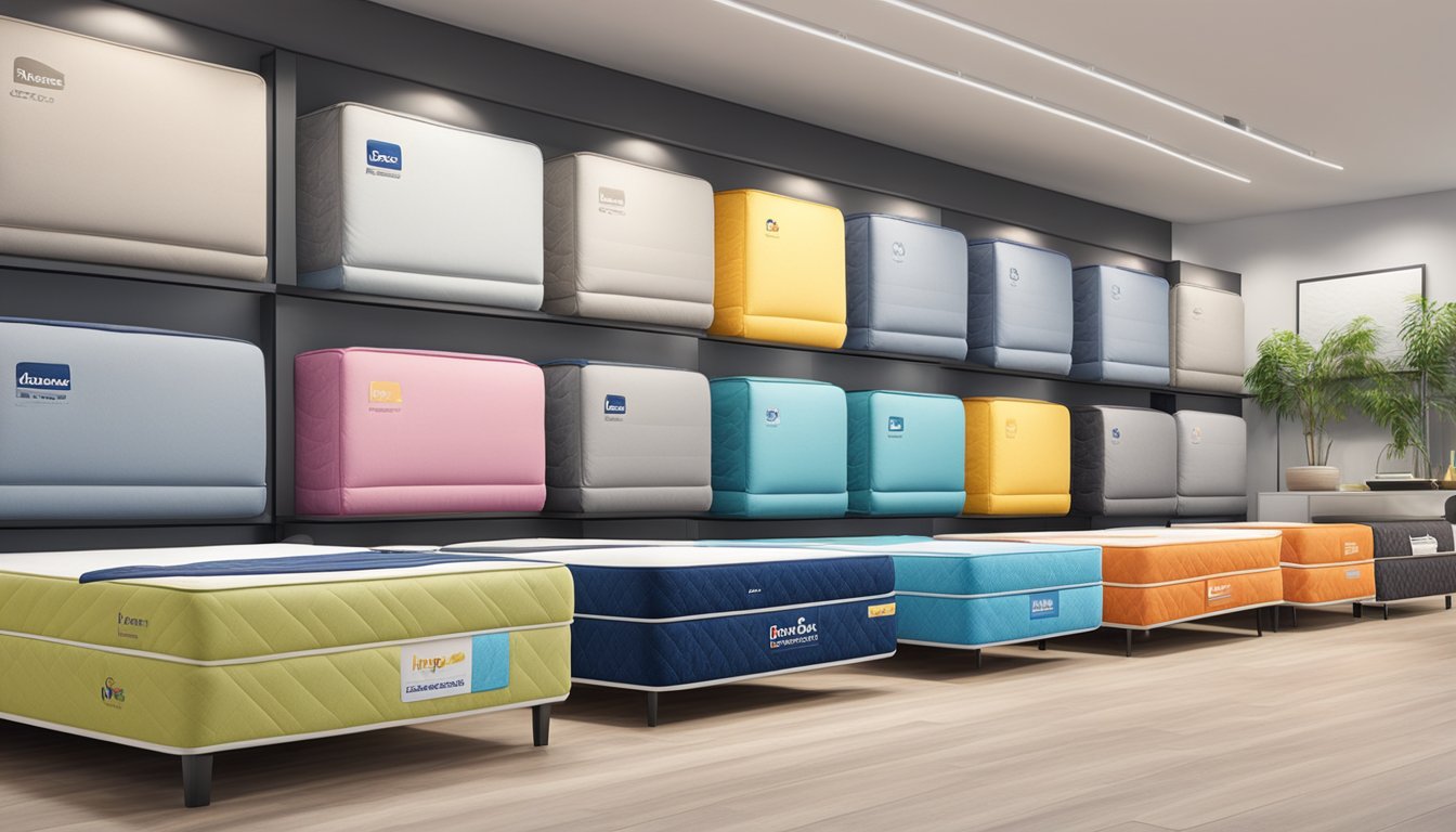 A lineup of 10 mattresses with brand logos displayed in a showroom setting in Singapore