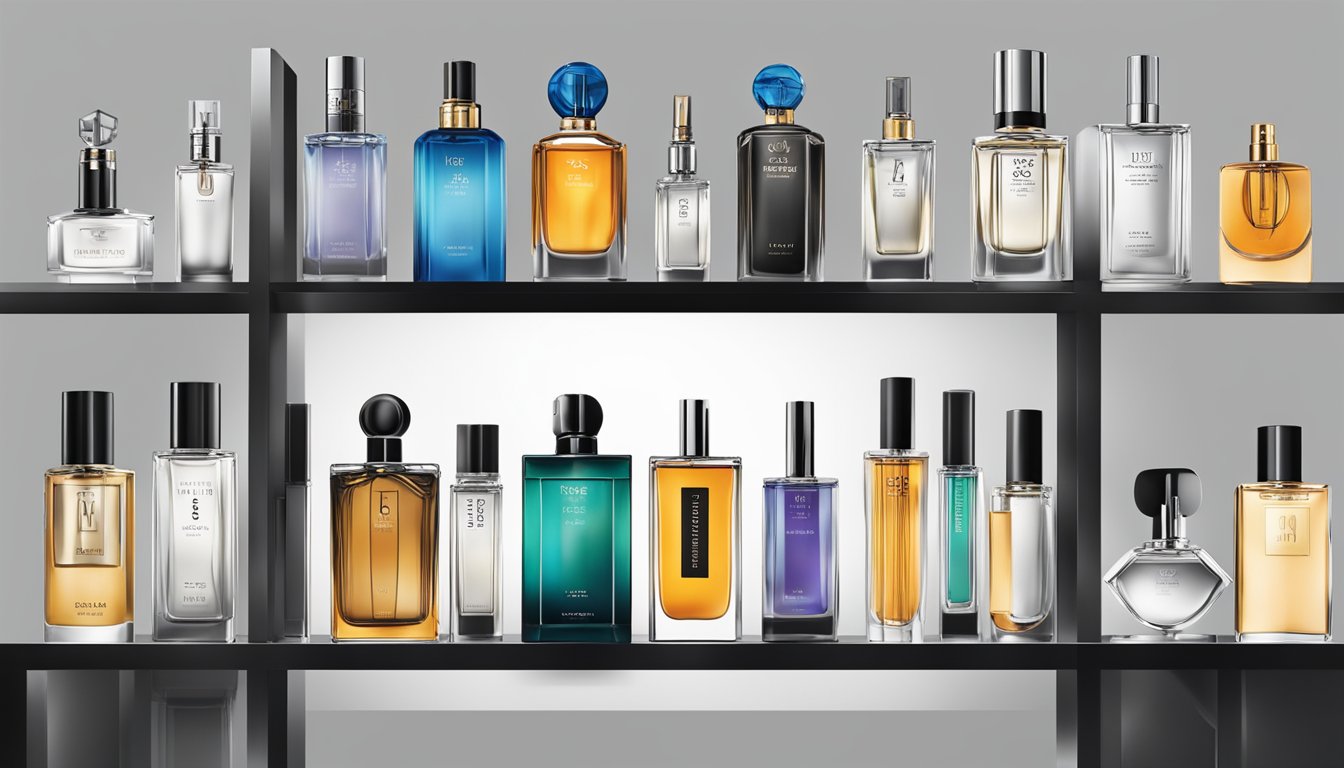 A sleek, modern display showcasing the top 10 men's perfume brands. Bold typography and minimalist design highlight the emerging trends in men's perfumery