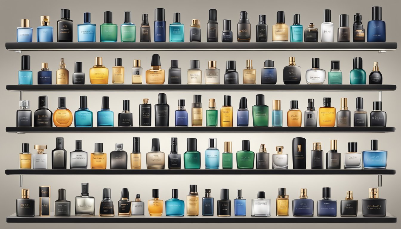 A sleek display of top 10 male perfume brands, arranged in an organized and attractive manner, with each bottle labeled and showcased prominently