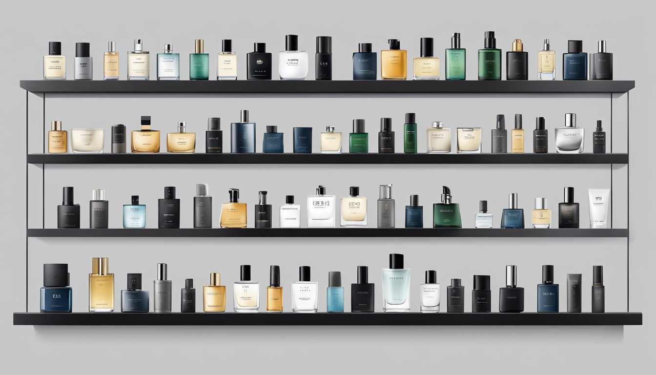 A display of top 10 men's fragrance brands arranged on a sleek, modern shelf with clean lines and minimalistic design