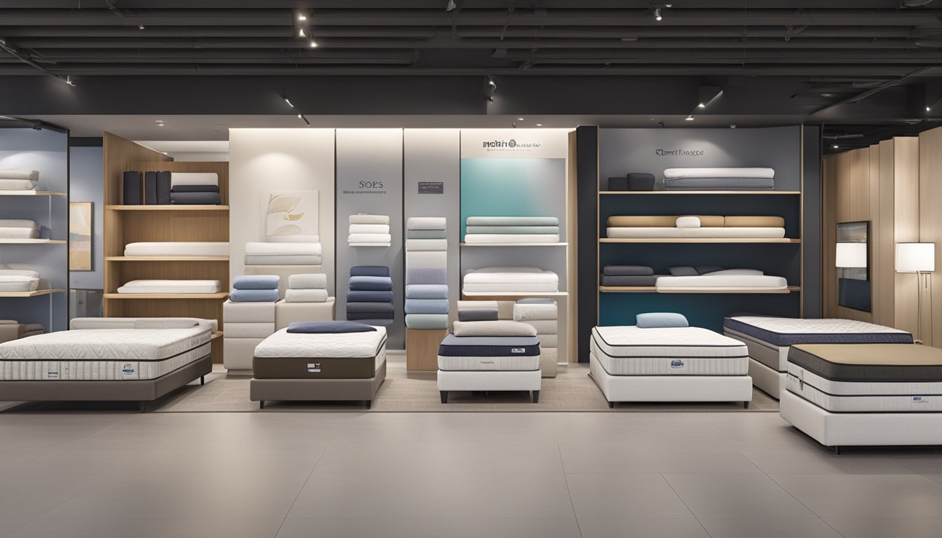 A display of the top 10 mattress brands in Singapore, with each brand's logo and product showcased on a clean, modern showroom floor