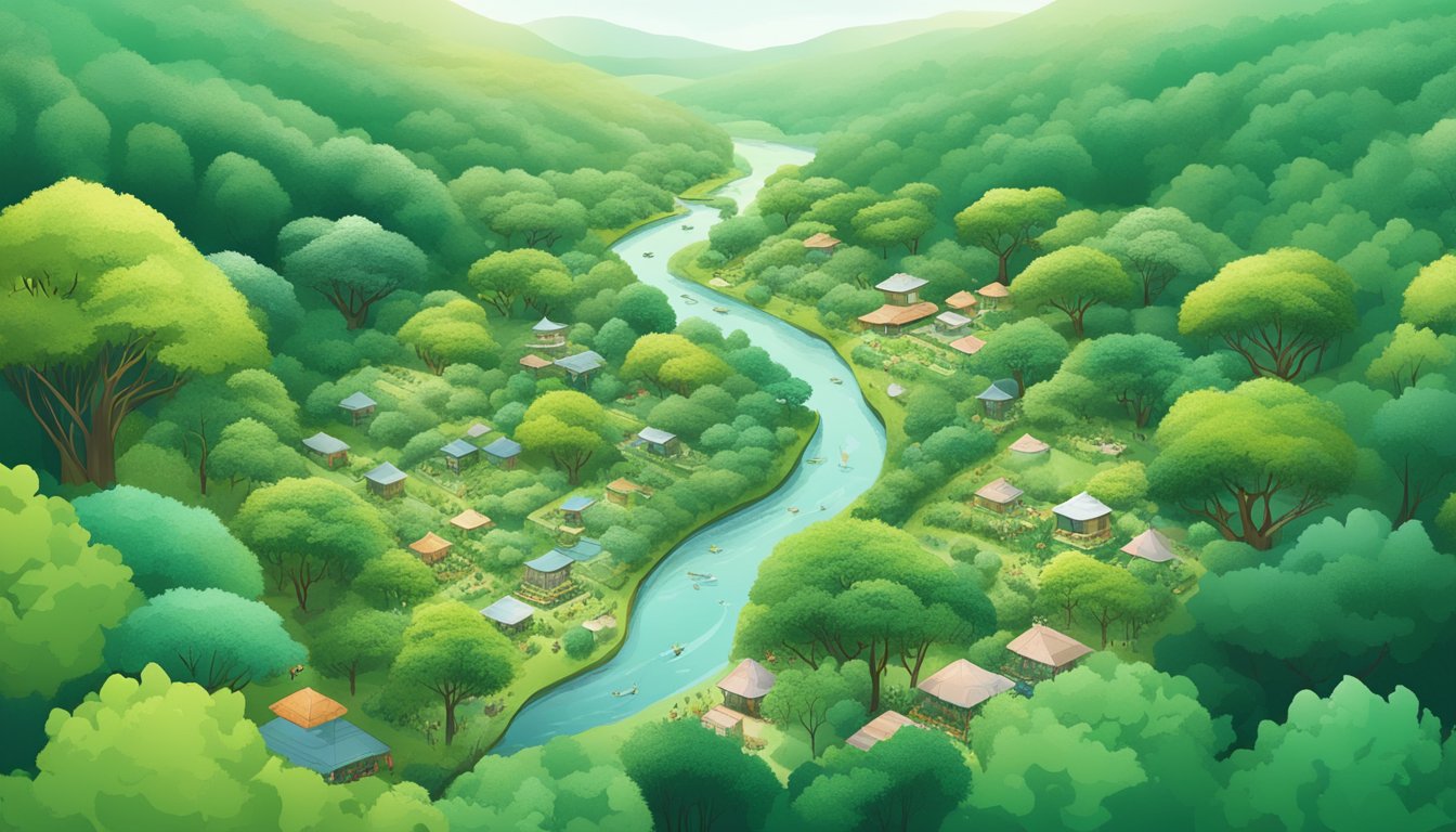 A lush green forest with diverse wildlife, clean waterways, and thriving communities, all surrounded by Shiseido's sustainable and socially impactful beauty brands