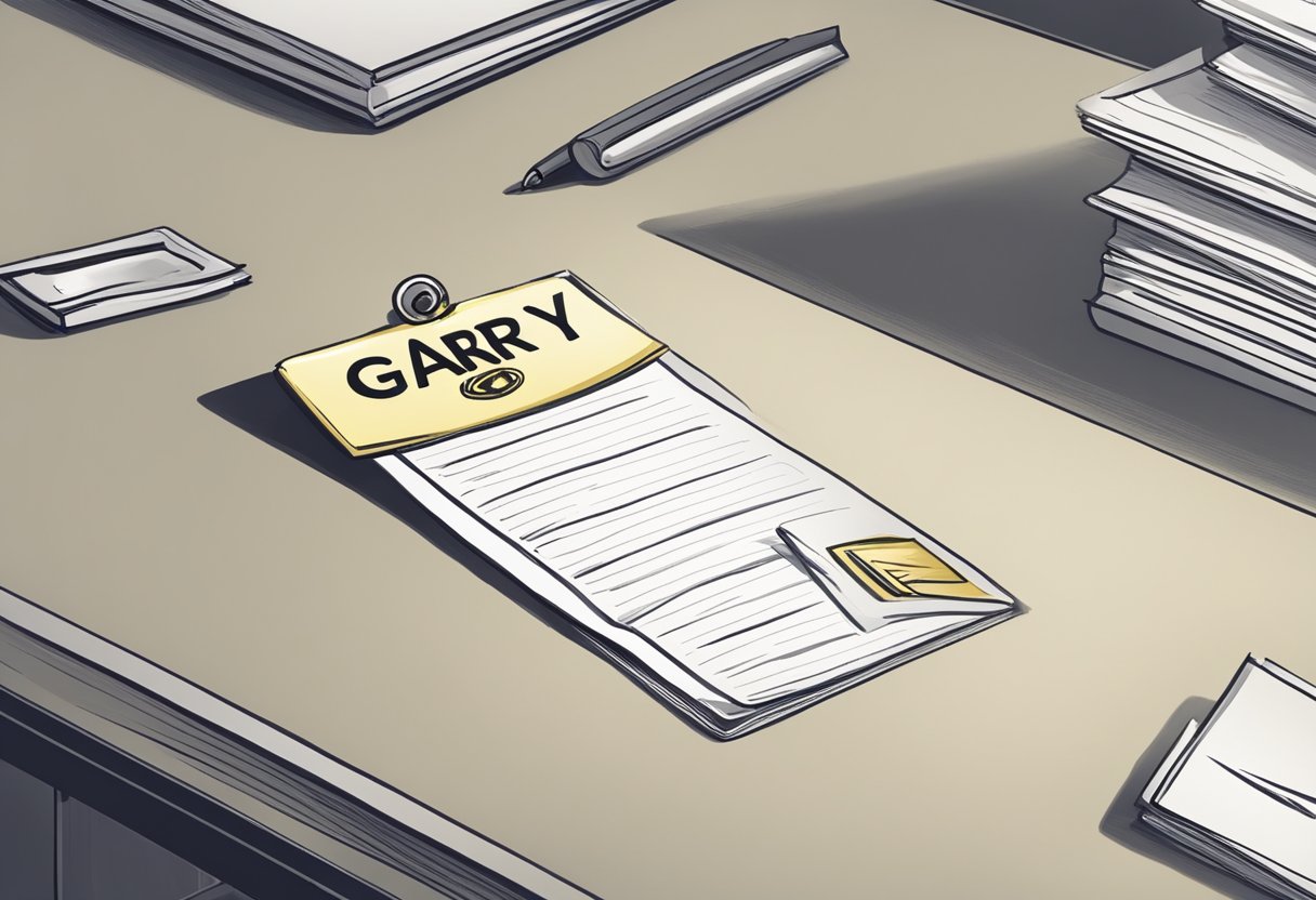 A name tag on a desk reads "Gary" with a question mark next to it. A dictionary is open to the letter "G" with the word "Gary" highlighted