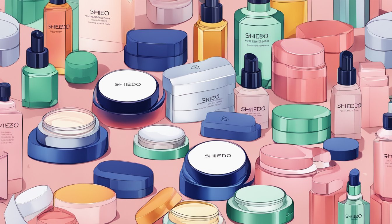 A stack of Shiseido brand products surrounded by question marks and a FAQ sign