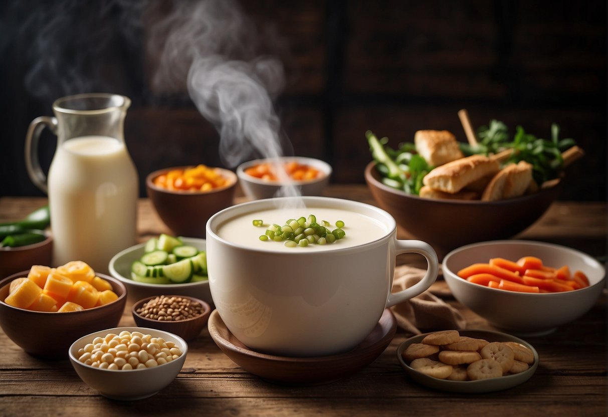 A steaming pot of freshly made Chinese soy milk sits on a rustic wooden table, surrounded by small bowls of condiments like pickled vegetables and fried dough sticks