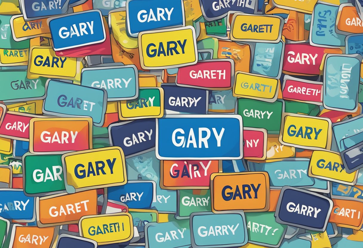 A name tag with "Gary" in bold letters, surrounded by question marks and various options like "Gareth" and "Garrett"