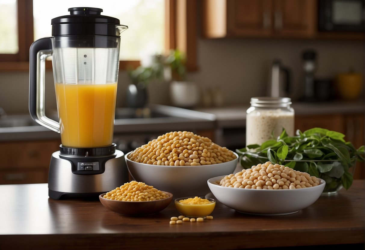 A table with a variety of ingredients such as soybeans, water, and sugar. Equipment includes a blender, cheesecloth, and a pot for boiling