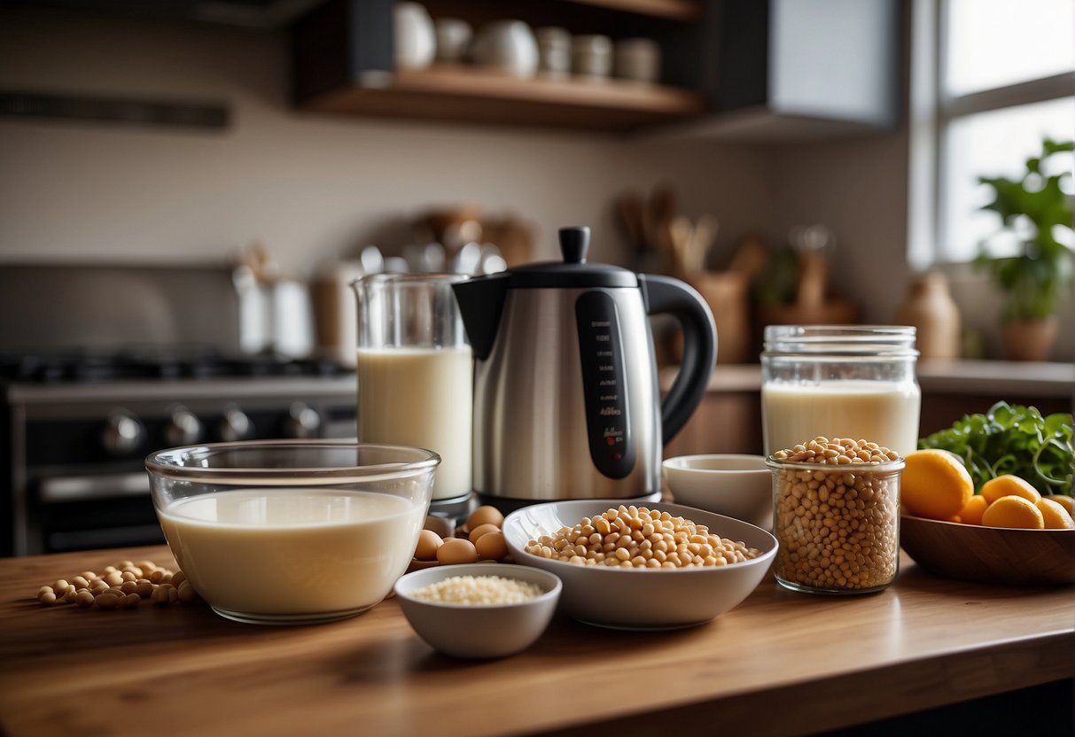 A table with ingredients: soybeans, water, sugar, and a blender. A pot on the stove, a strainer, and a pitcher for the finished soy milk
