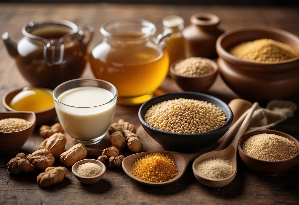 A variety of flavorings and additives are laid out next to a pot of Chinese soy milk, including ginger, brown sugar, and sesame seeds